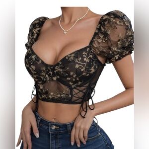 Butterfly Floral Embroidered Puff Sleeve Corset Slim Fit Bustier Sheer Mesh Top